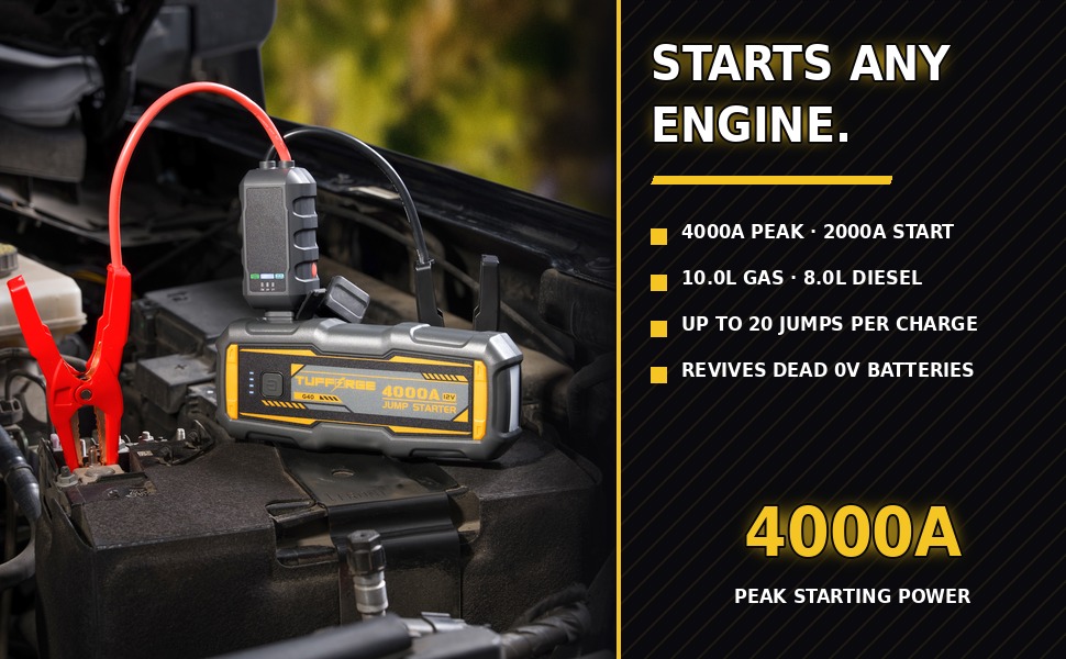 Tufforge G40 jump starting a vehicle engine with the red and black smart clamps connected to a battery