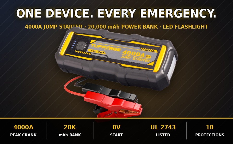Tufforge G40 4000A peak portable jump starter with rugged housing and bright LED panel